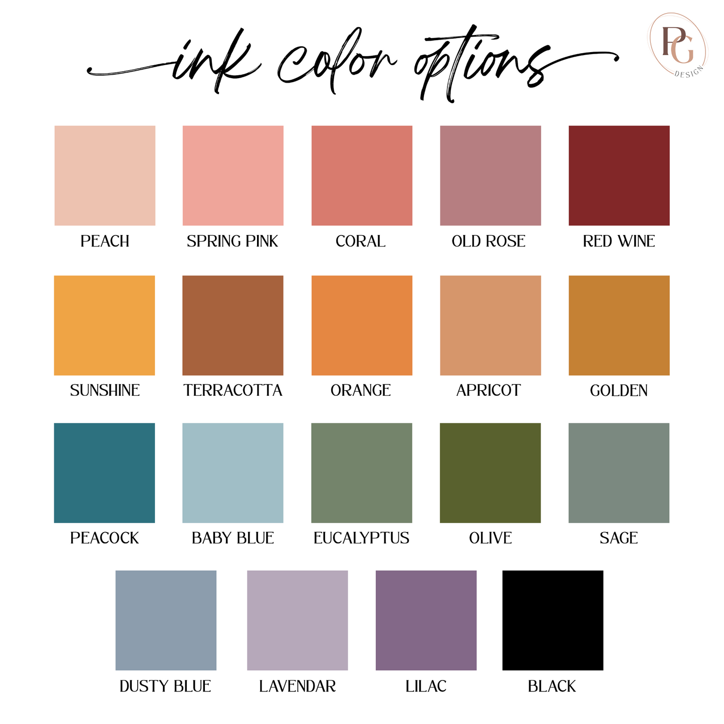Ink color options with labeled swatches on a white background