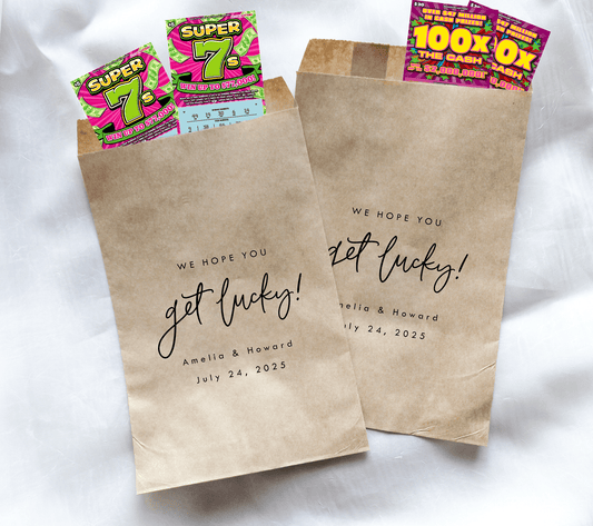 Get Lucky! Favor Bags || Personalized Wedding Lotto Ticket Favor Bags-Favor Bags-Personalized Favor Bags-Customized Kraft Brown Bags-Plum Grove Design