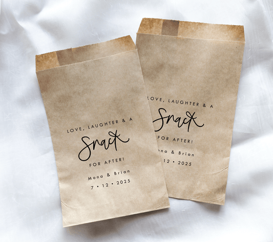 Love, Laughter, and a Snack for After! Favor Bags || Personalized Wedding Favor Bags, Treat Bags-Favor Bags-Personalized Favor Bags-Customized Kraft Brown Bags-Plum Grove Design