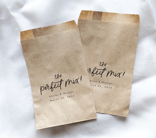 The Perfect Mix! Trail Mix Favor Bags || Personalized Wedding Favor Bags, Outdoor Hiking Wedding-Favor Bags-Personalized Favor Bags-Customized Kraft Brown Bags-Plum Grove Design