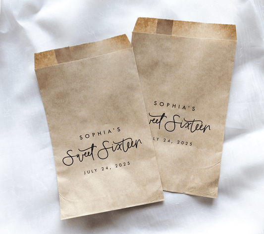 Sweet 16 Party Favor Bags || Personalized Sweet 16 Custom Bags-Favor Bags-Personalized Favor Bags-Customized Kraft Brown Bags-Plum Grove Design