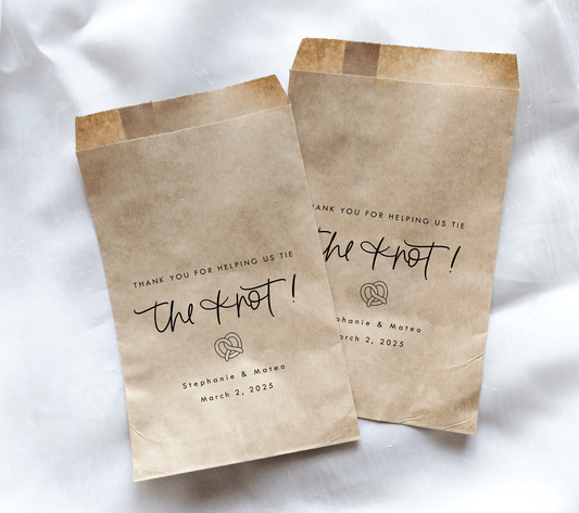 Tie the Knot! Pretzel Favor Bag || Personalized Wedding Pretzel Favor Bags-Favor Bags-Personalized Favor Bags-Customized Kraft Brown Bags-Plum Grove Design