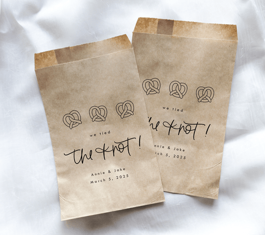 We Tied the Knot! Pretzel Favor Bags || Personalized Wedding Pretzel Favor Bags-Favor Bags-Personalized Favor Bags-Customized Kraft Brown Bags-Plum Grove Design