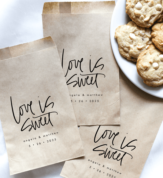Love is Sweet Favor Bags || Personalized Wedding Favor Bags, Treat Bags-Favor Bags-Personalized Favor Bags-Customized Kraft Brown Bags-Plum Grove Design