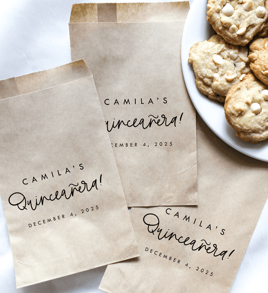 Quinceañera Favor Bags || Personalized Quince Favor Bags, Treat Bags, Bolsitas-Favor Bags-Personalized Favor Bags-Customized Kraft Brown Bags-Plum Grove Design