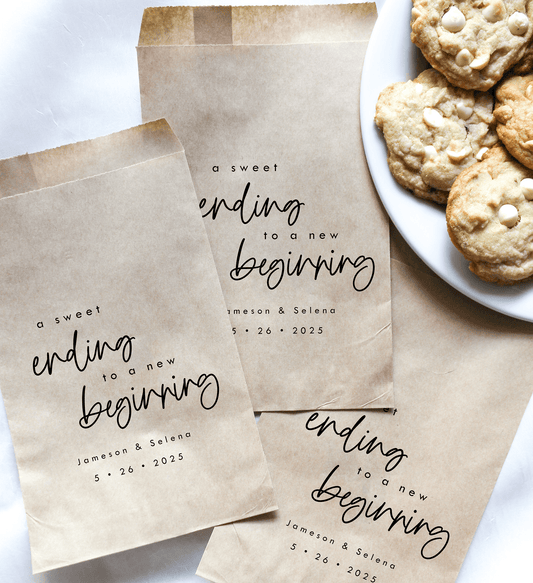 A Sweet Ending to a New Beginning Favor Bags || Personalized Wedding Favor Bags-Favor Bags-Personalized Favor Bags-Customized Kraft Brown Bags-Plum Grove Design