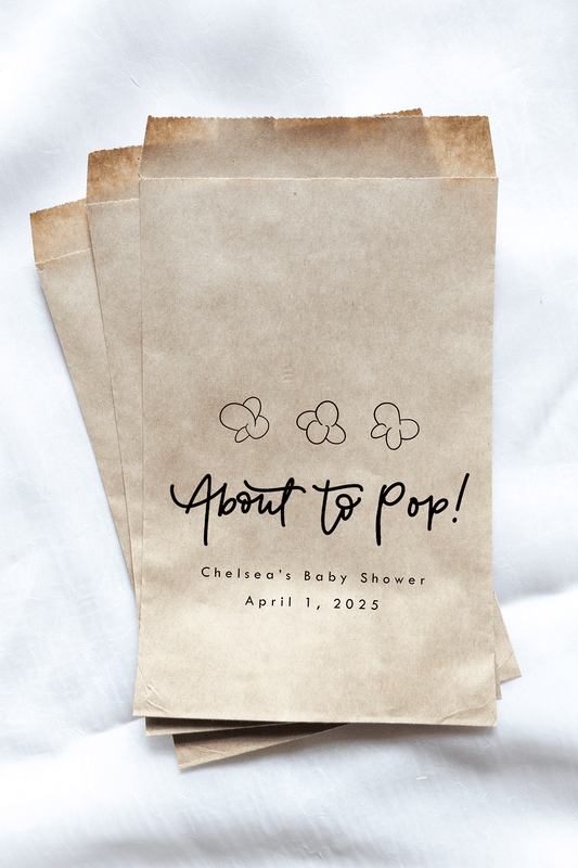 About to Pop! Popcorn Favor Bags || Personalized Baby Shower Favor Bags, Treat Bags-Favor Bags-Personalized Favor Bags-Customized Kraft Brown Bags-Plum Grove Design