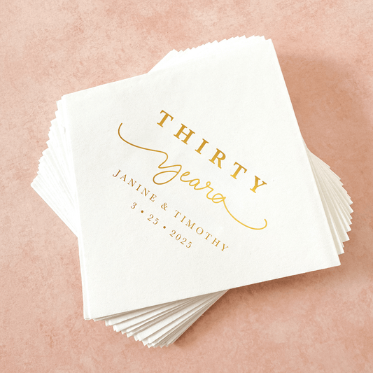 Anniversary Party Cocktail Napkins-Napkins-Personalized Cocktail Napkins-Gold Foil Printing Custom Cocktail Napkins-Plum Grove Design