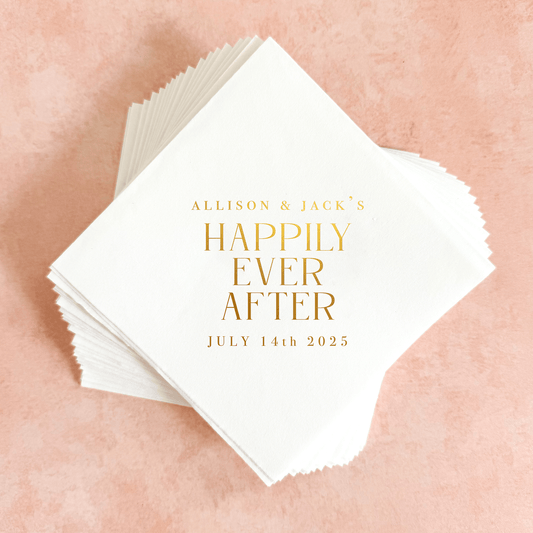 Happily Ever After Wedding Cocktail Napkins-Napkins-Personalized Cocktail Napkins-Gold Foil Printing Custom Cocktail Napkins-Plum Grove Design
