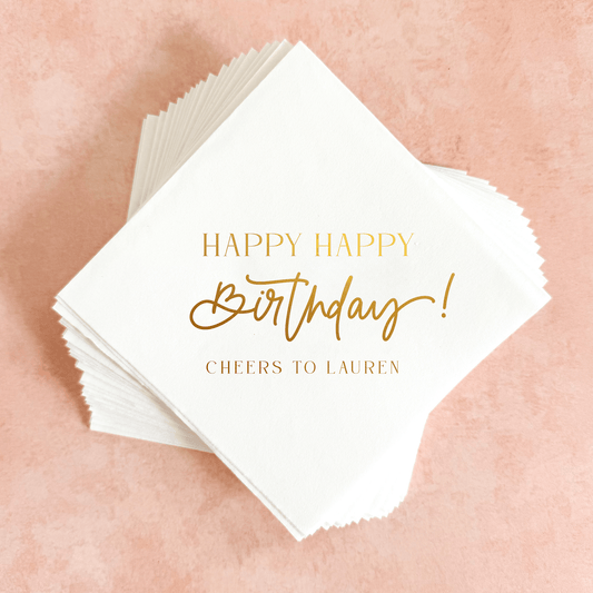 Happy Birthday Cocktail Napkins-Napkins-Personalized Cocktail Napkins-Gold Foil Printing Custom Cocktail Napkins-Plum Grove Design