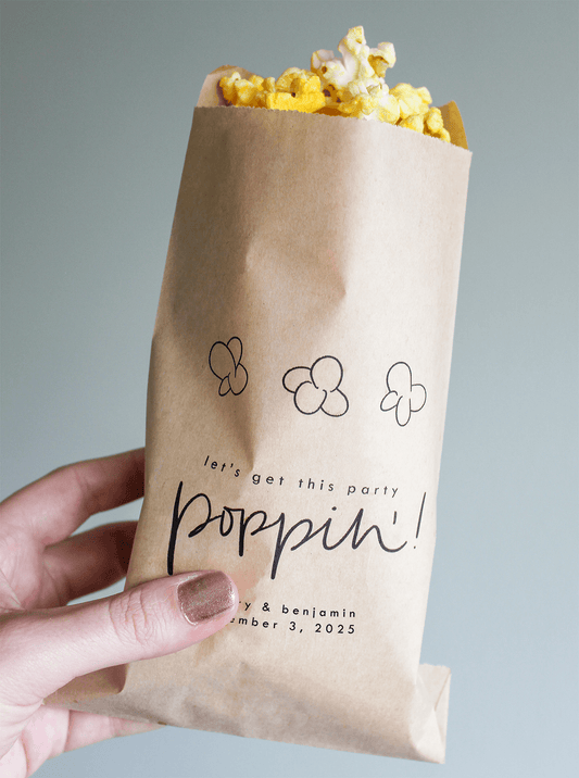 Party Poppin' Popcorn Bags || Personalized Wedding Favor Bags, Birthday Party Favors, Popcorn Bags-Favor Bags-Personalized Favor Bags-Customized Kraft Brown Bags-Plum Grove Design