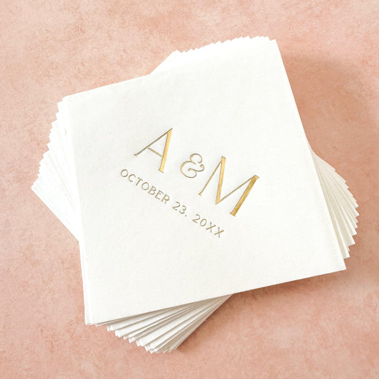 Wedding Cocktail Napkins - Initials-Napkins-Personalized Cocktail Napkins-Gold Foil Printing Custom Cocktail Napkins-Plum Grove Design