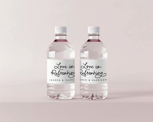 Love is Refreshing calligraphy personalized custom water bottle labels for weddings, summer, outdoor