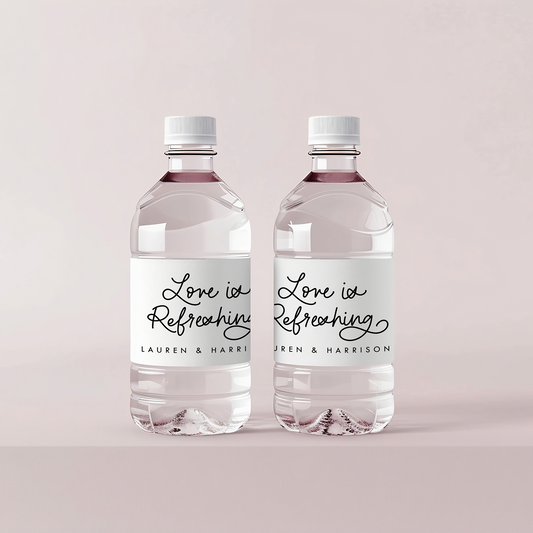 Love is Refreshing calligraphy personalized custom water bottle labels for weddings, summer, outdoor