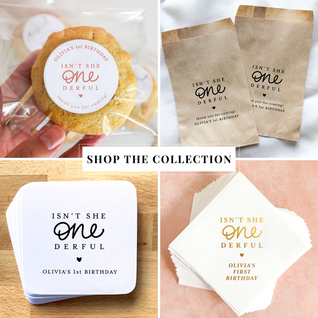 Collection of party favor bags, cookies, and cards with personalized text for a birthday celebration.