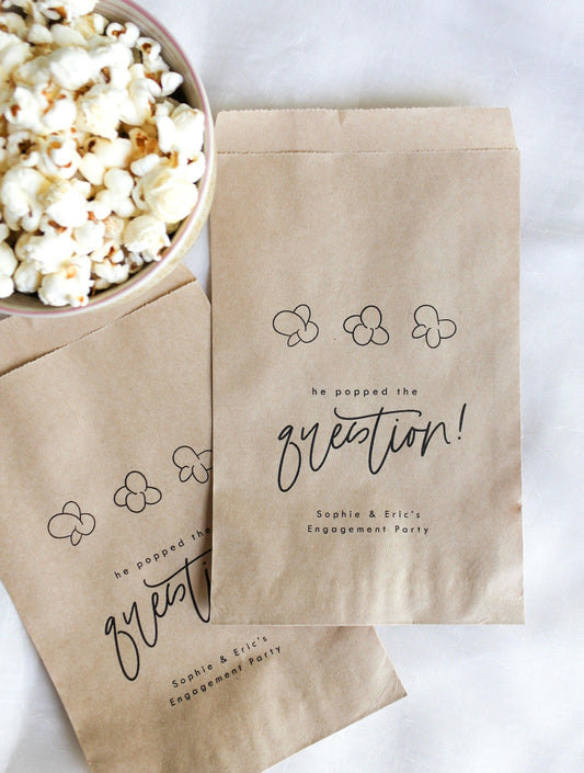 He Popped the Question! Popcorn Bags || Personalized Engagement Party Favor Bags, Popcorn Bags-Favor Bags-Personalized Favor Bags-Customized Kraft Brown Bags-Plum Grove Design