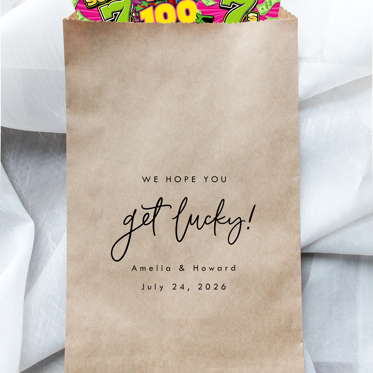 Kraft paper bag with personalized text and lottery tickets on a light gray background