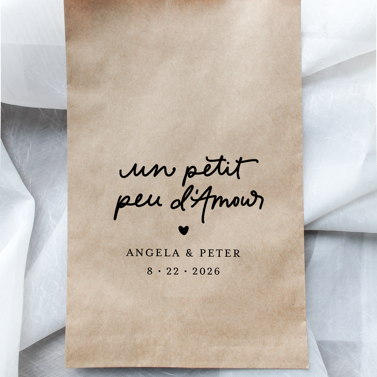Brown paper bag with personalized text on a light gray background