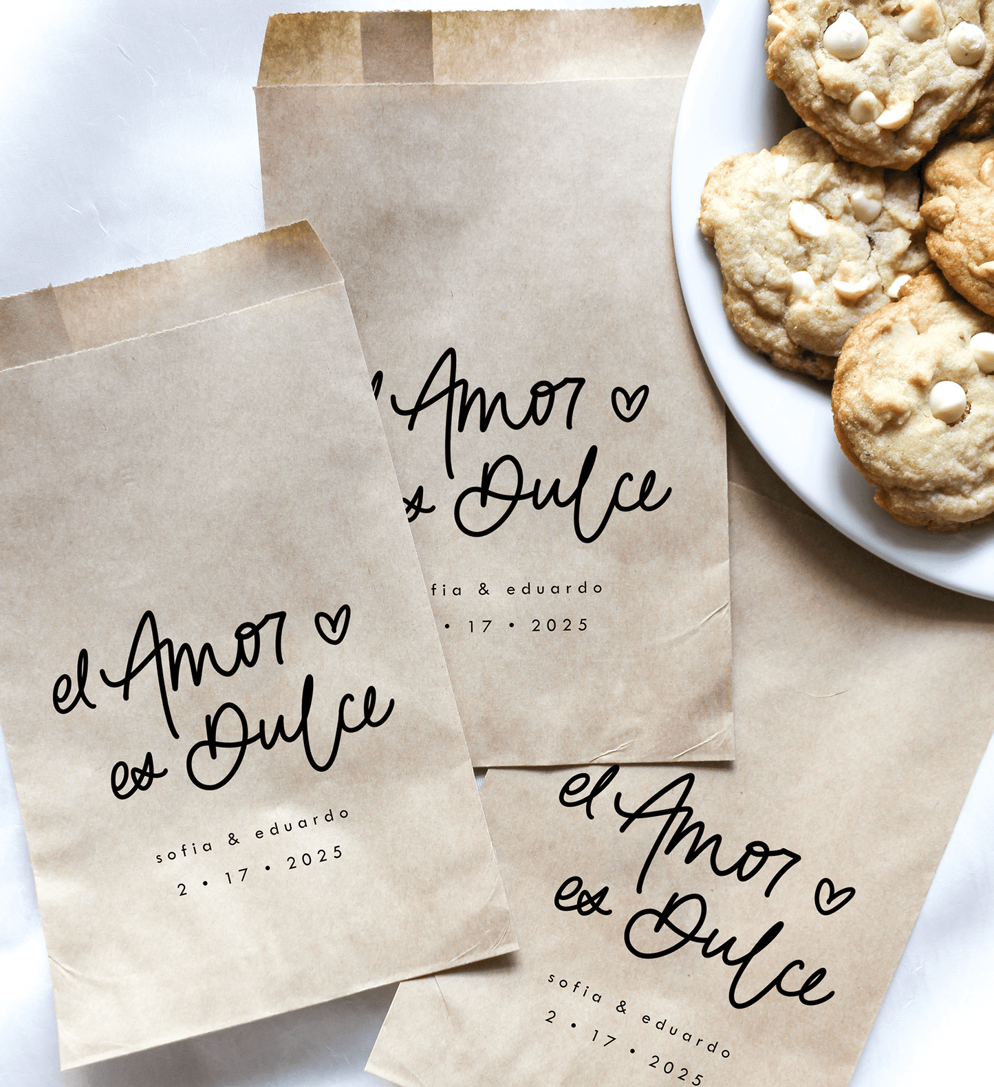 Amor Es Dulce Favor Bags || Personalized Wedding Favor Bags, Treat Bags, Bolsitas de galletas, Boda-Favor Bags-Personalized Favor Bags-Customized Kraft Brown Bags-Plum Grove Design